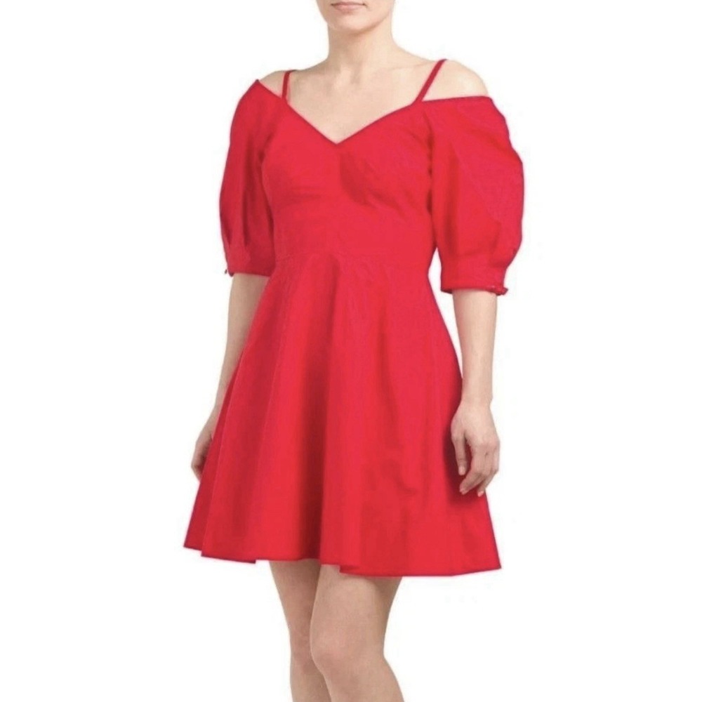 Derek Lam 10 Crosby Poplin Mini Dress Size 4 Fit Flare Off Shoulder Red Cocktail